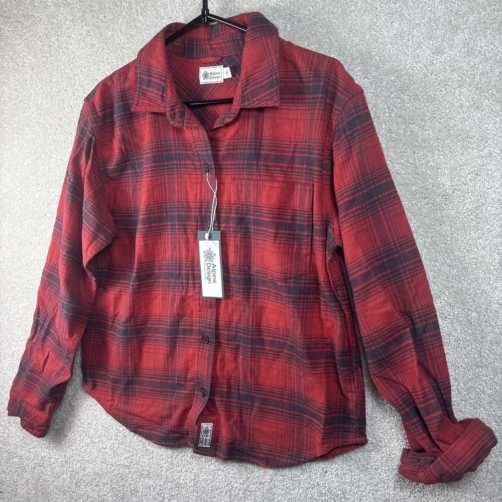 Alpine Design Shirt Womens XS Red Bison Plaid Hike Camp Midweight Flannel‎ NEW
